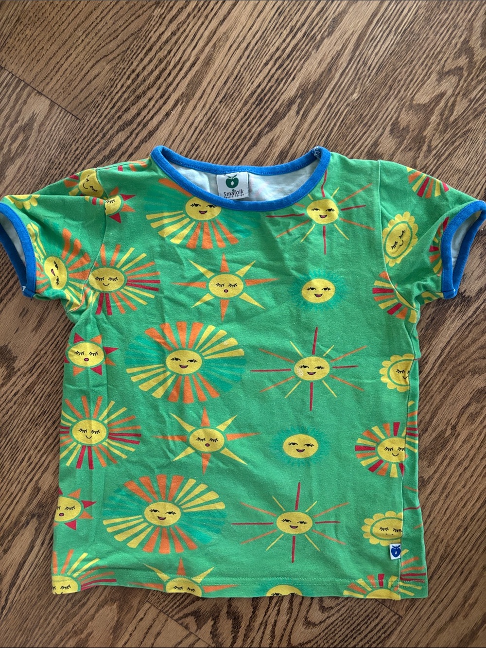Smafolk Danish design Green Tee with Yellow Sun Faces and Blue Trim